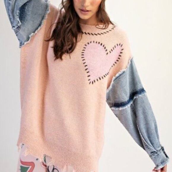 EASEL Sweaters - NWT LADIES SIZE S EASEL BLUSH HEART SWEATER CHAMBRAY DENIM LONG SLEEVES DISTRESS